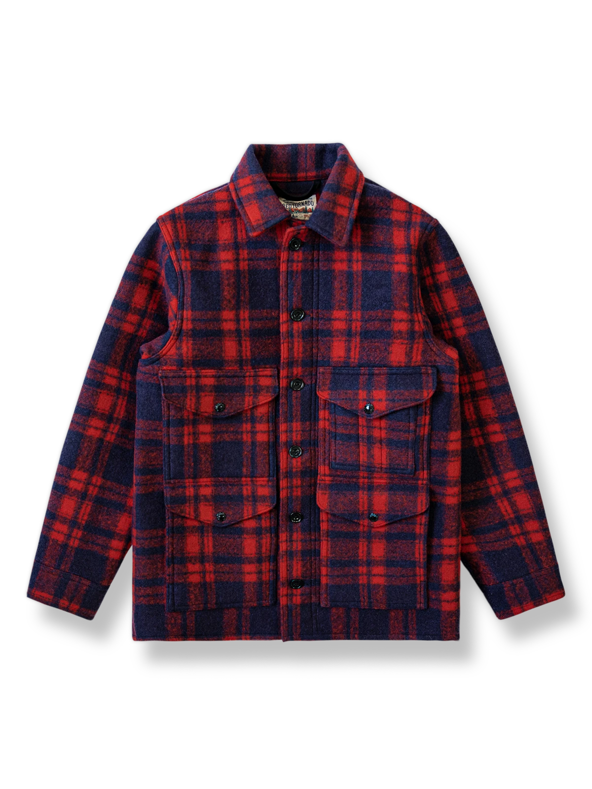 レッドとブルーのチェック柄が特徴のミディアム丈ウールジャケット。