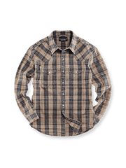 抜染加工による色ムラとチェック柄が特徴のコットン長袖シャツ