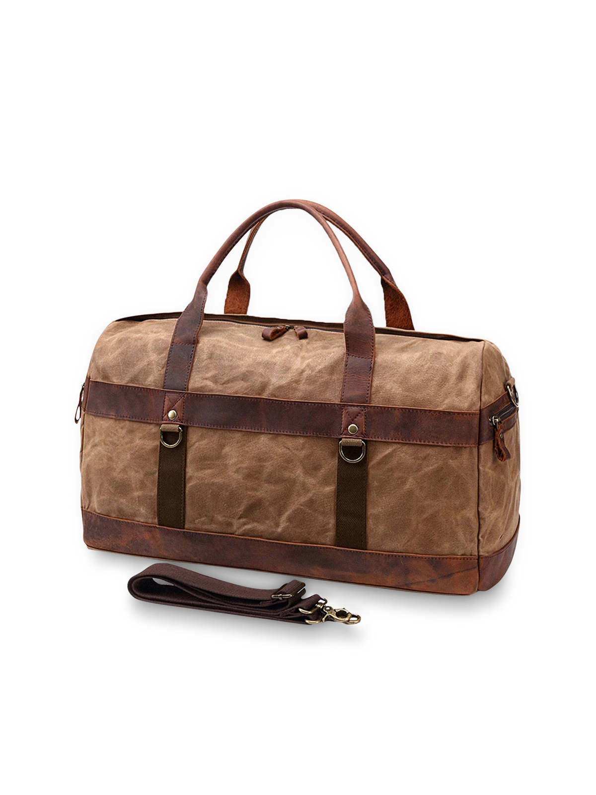 オイルワックスキャンバスとレザーを組み合わせた防水大容量トラベルバッグ。