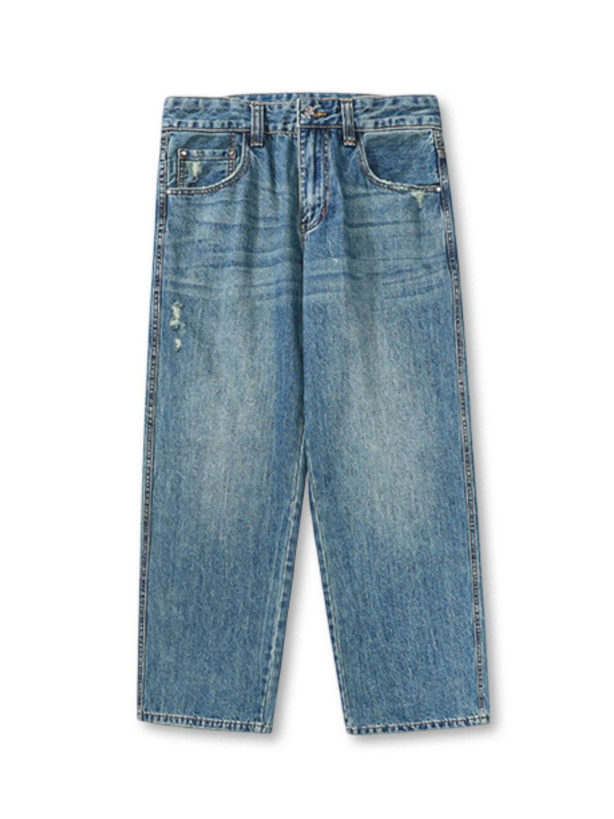 20世紀アメリカンワークウェア風デニムパンツ。ダメージ加工と赤刺繍ロゴ付きバックポケット。