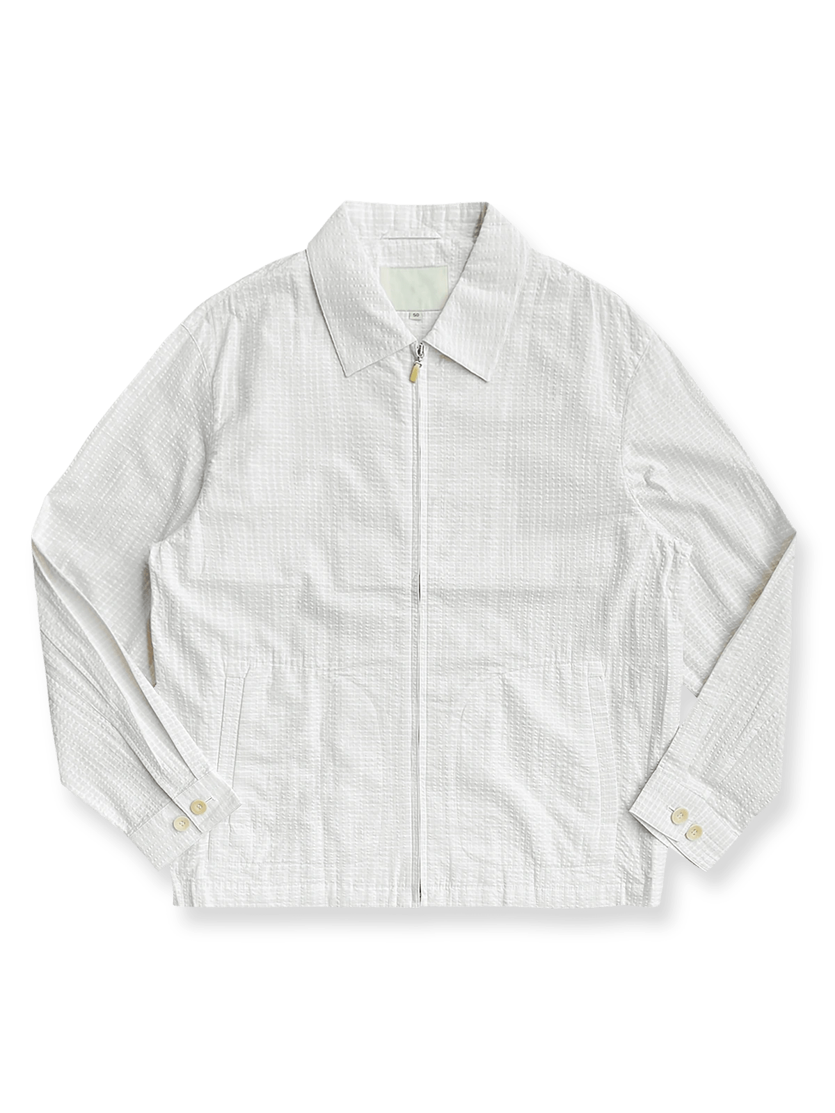 製品画像：Cleanfitシアサッカースタンドカラージャケット全体の外観
詳細画像：袖口ボタンとシアサッカー素材の質感ディテール