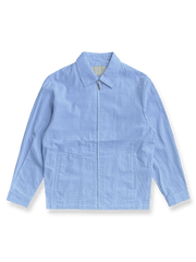 製品画像：Cleanfitシアサッカースタンドカラージャケット全体の外観
詳細画像：袖口ボタンとシアサッカー素材の質感ディテール