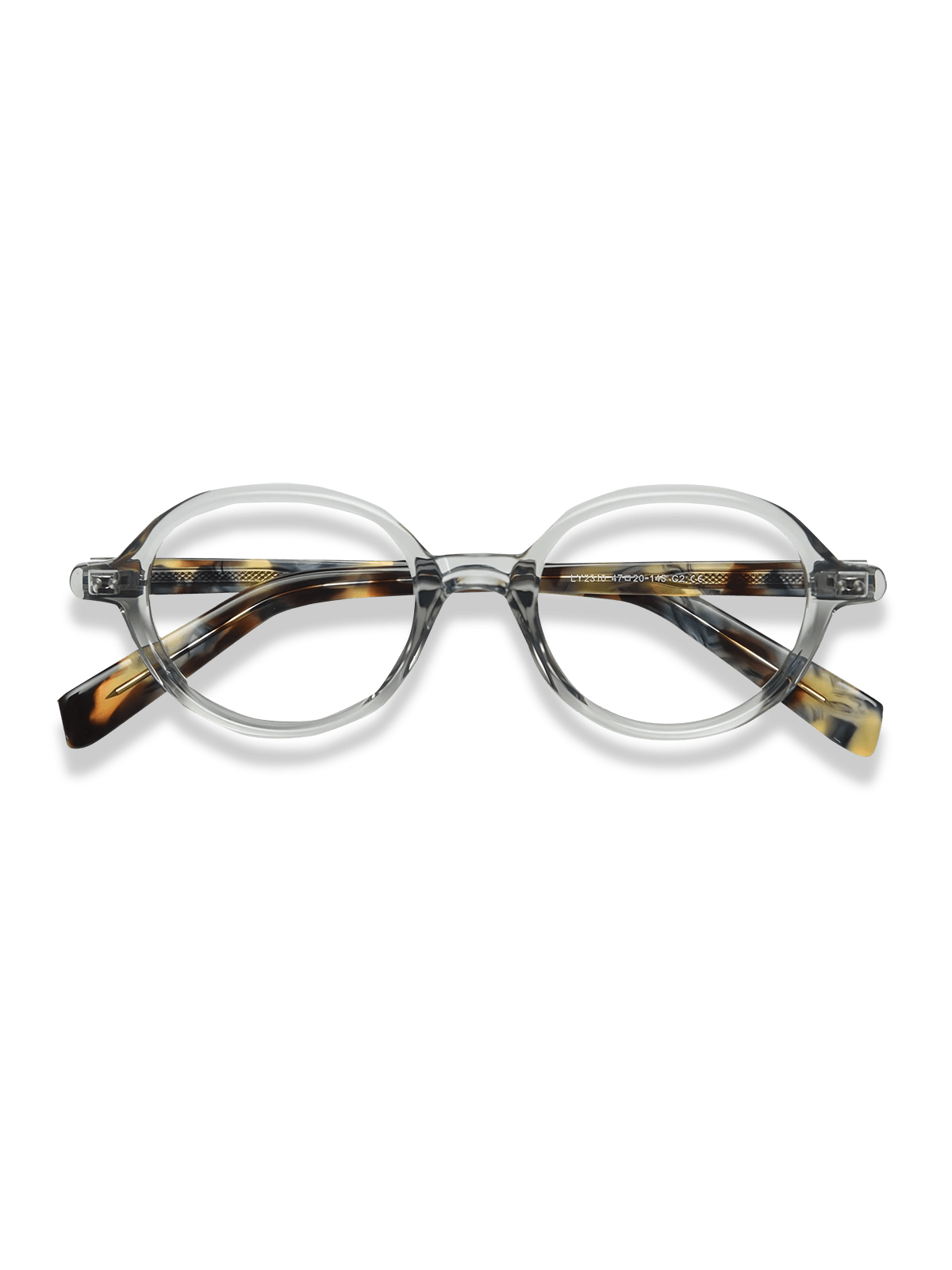 クリアグレーのフレームとべっ甲柄テンプルのメガネ