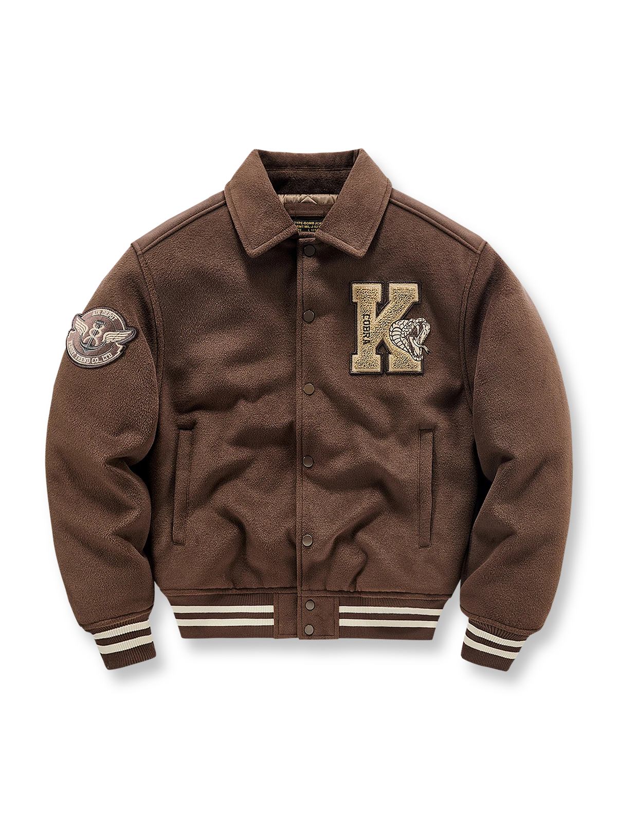 「K」タオル刺繍とコブラ刺繍が特徴の空軍風ウール混ベースボールジャケット。