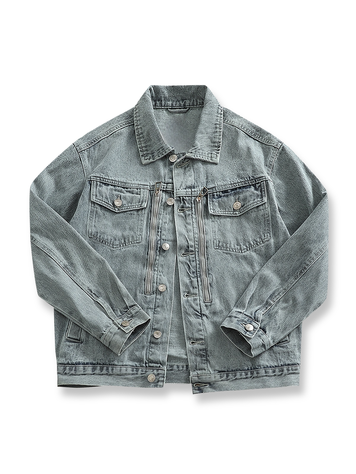 アメリカンカジュアルとヴィンテージワークを融合した襟付きデニムジャケット、ゆったりシルエットとワークポケットが特徴