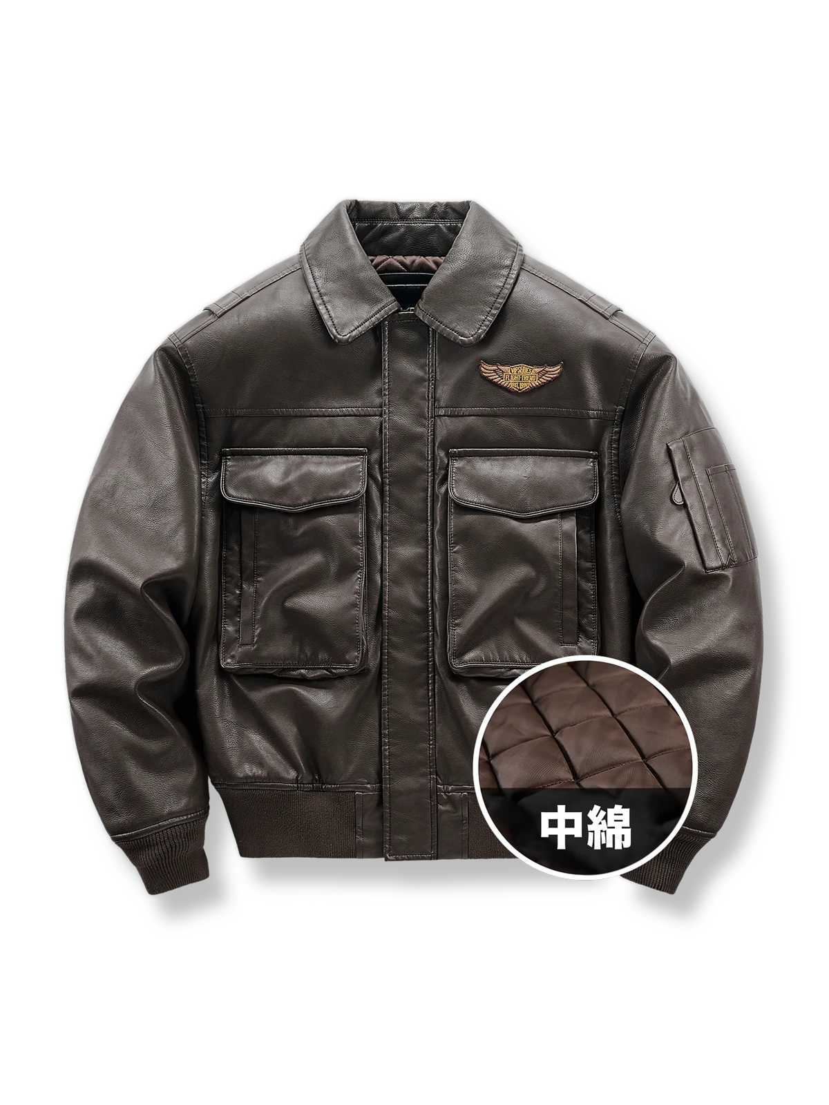 襟付きでタイトシルエットのビスコースレザーフライトジャケット。