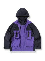 カラーブロック切り替えとフード付きのアウトドアジャケット