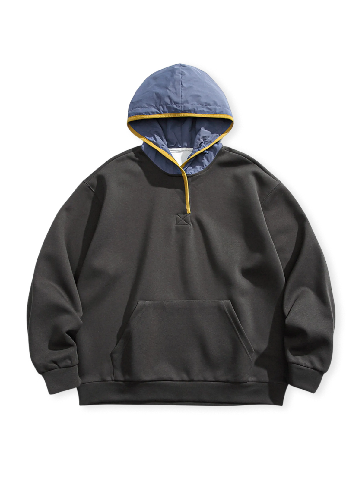 アメリカンヴィンテージスポーツ風のカラーブロックフーディースウェット。半ジッパーフロントと実用的ディテール付き。