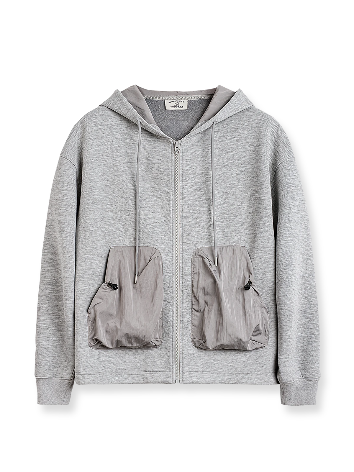 カラーブロックポケット付きエアレイヤーパーカー。軽量で暖かく、実用的なデザイン。