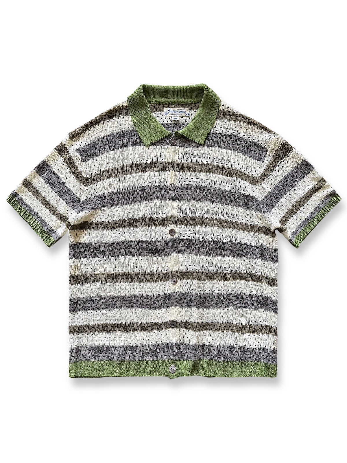 配色ストライプと透かし編みが特徴の半袖ニットカーディガン。