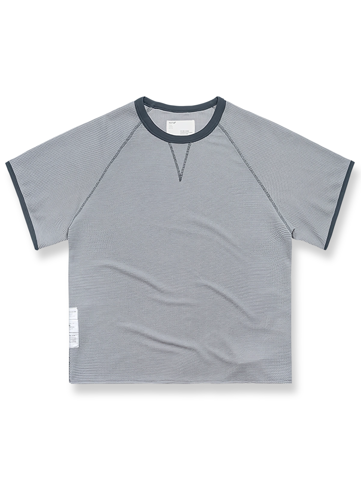 ワッフル編みと配色パイピングが特徴のショートスリーブTシャツ。