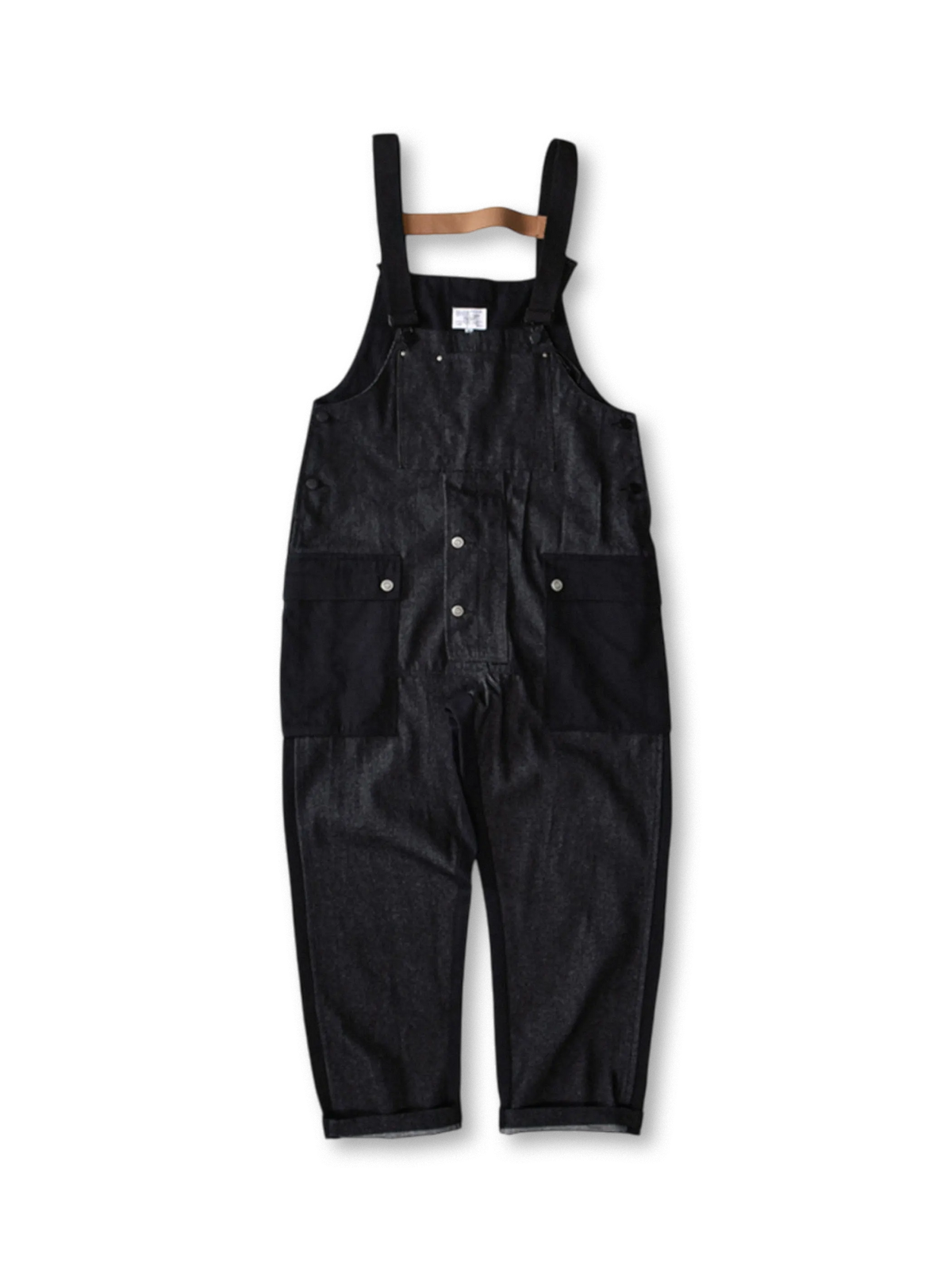  配色切り替えと多機能ポケットが特徴のコットンワークオーバーオール