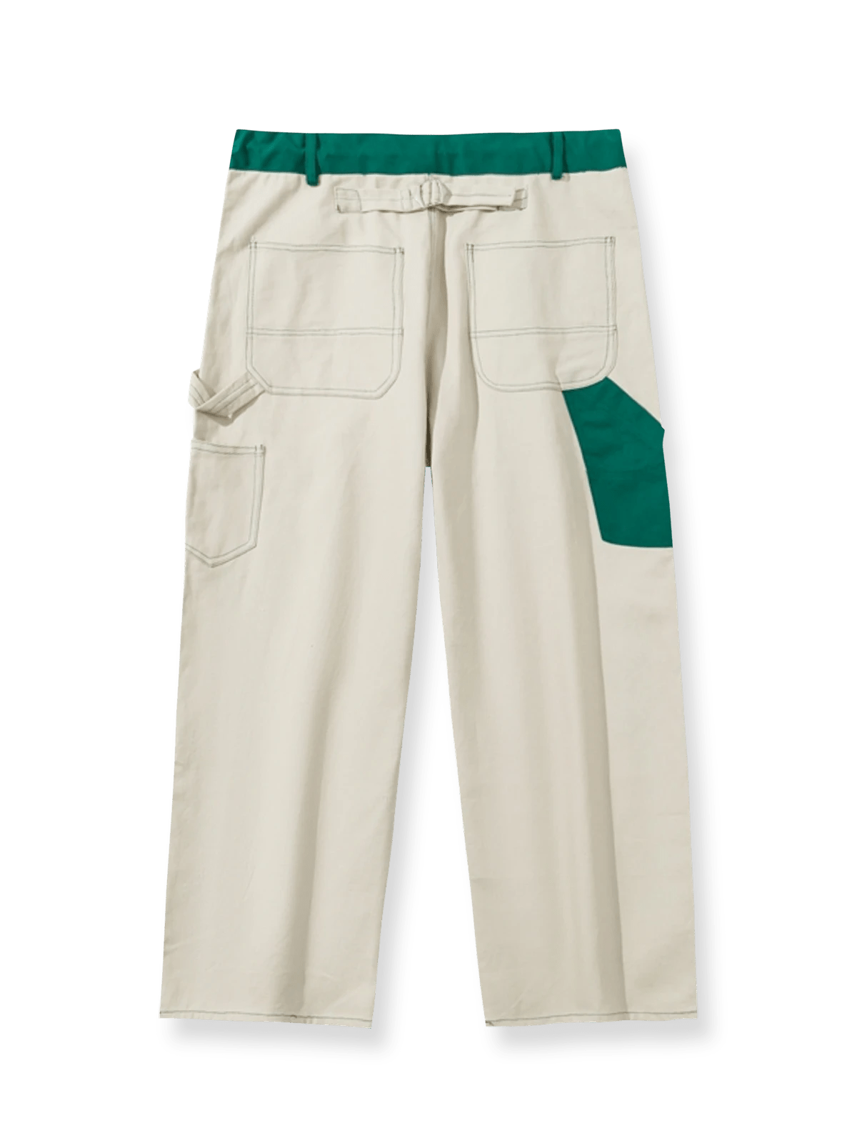 白地にウエストとサイドポケットをカラーブロックで配色し、ワイドストレートシルエットとドローコードウエストを備えたワークパンツ。