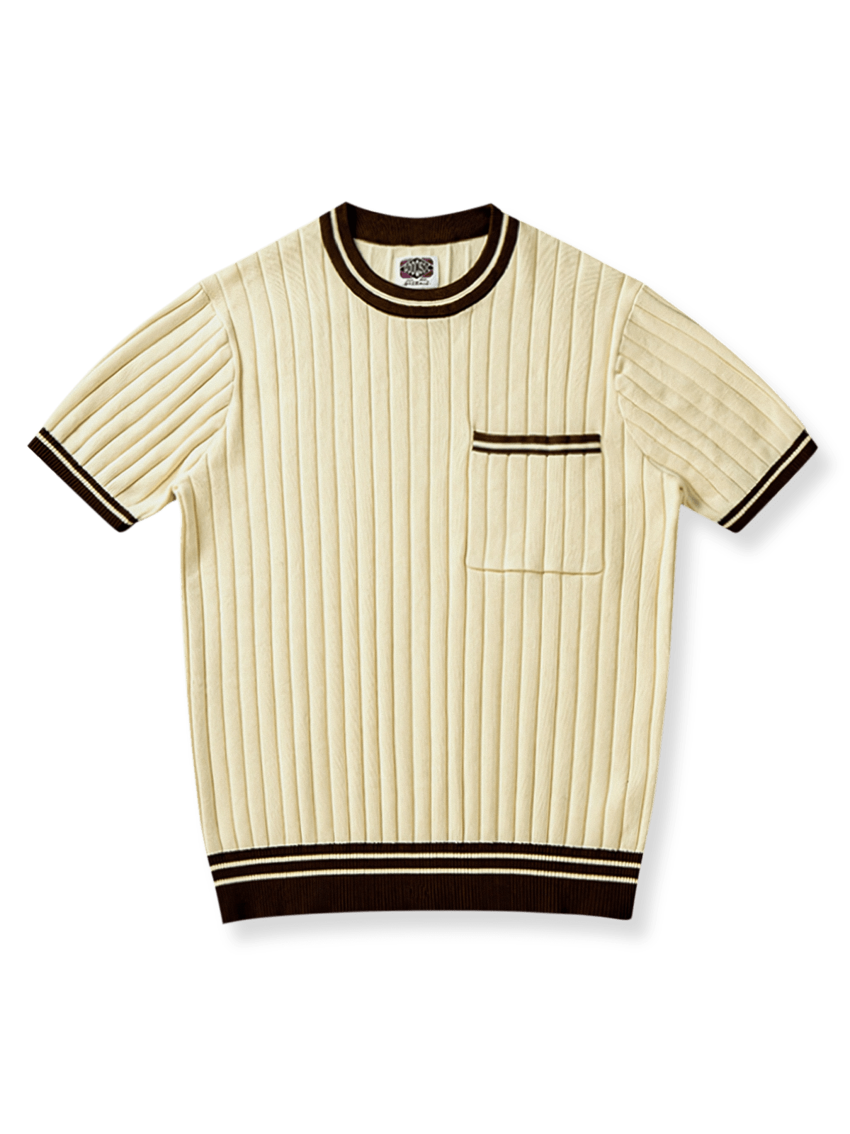 カラーリブトリムが施されたニット半袖Tシャツの前面が見える商品画像