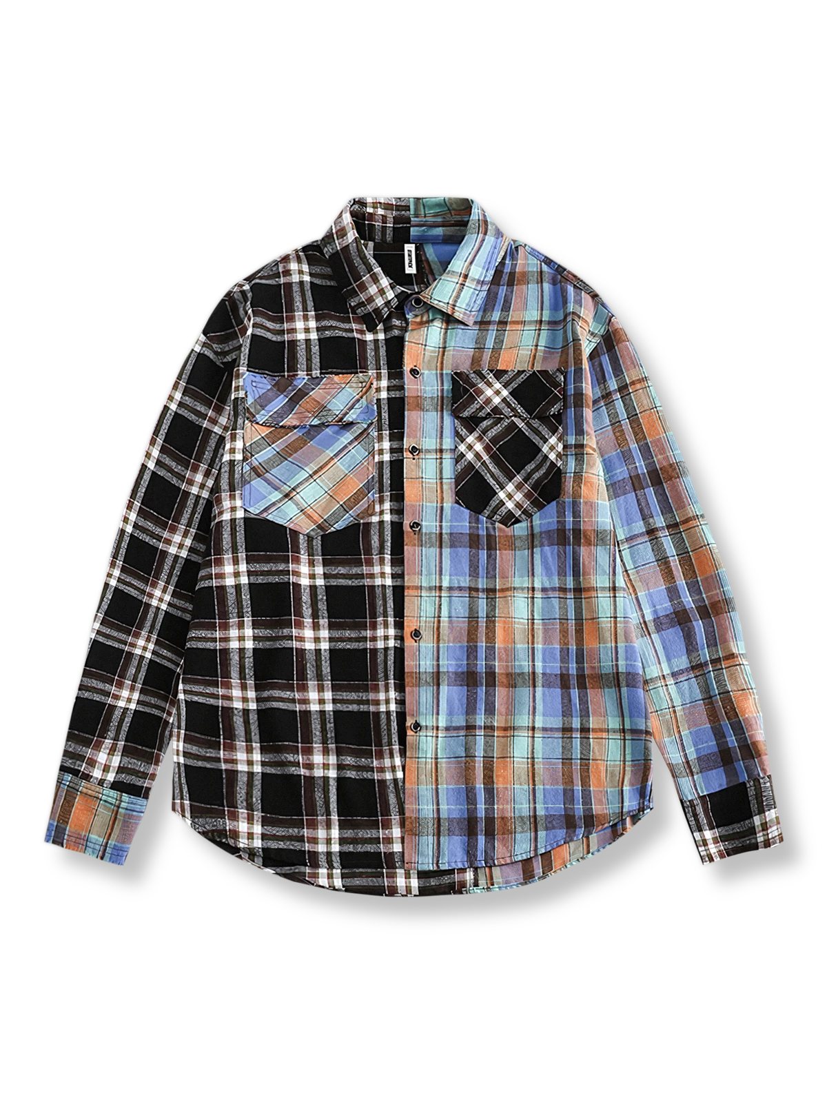 配色切り替えとチェック柄が映える立体ポケット付き長袖ワークシャツ