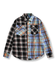 配色切り替えとチェック柄が映える立体ポケット付き長袖ワークシャツ