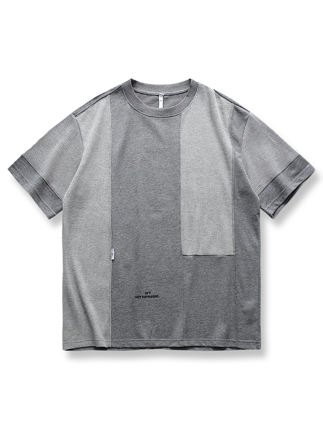 グレーベースと異素材パネルのカラーブロック半袖Tシャツ