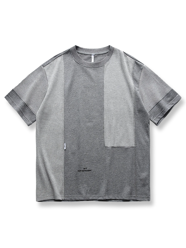 グレーベースと異素材パネルのカラーブロック半袖Tシャツ