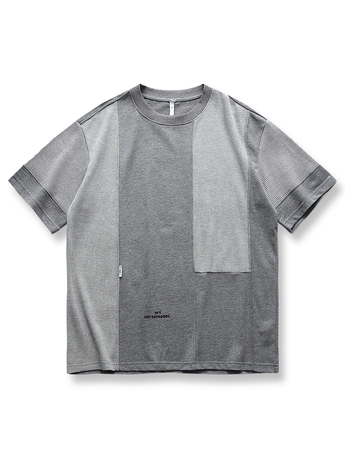 グレーベースと異素材パネルのカラーブロック半袖Tシャツ