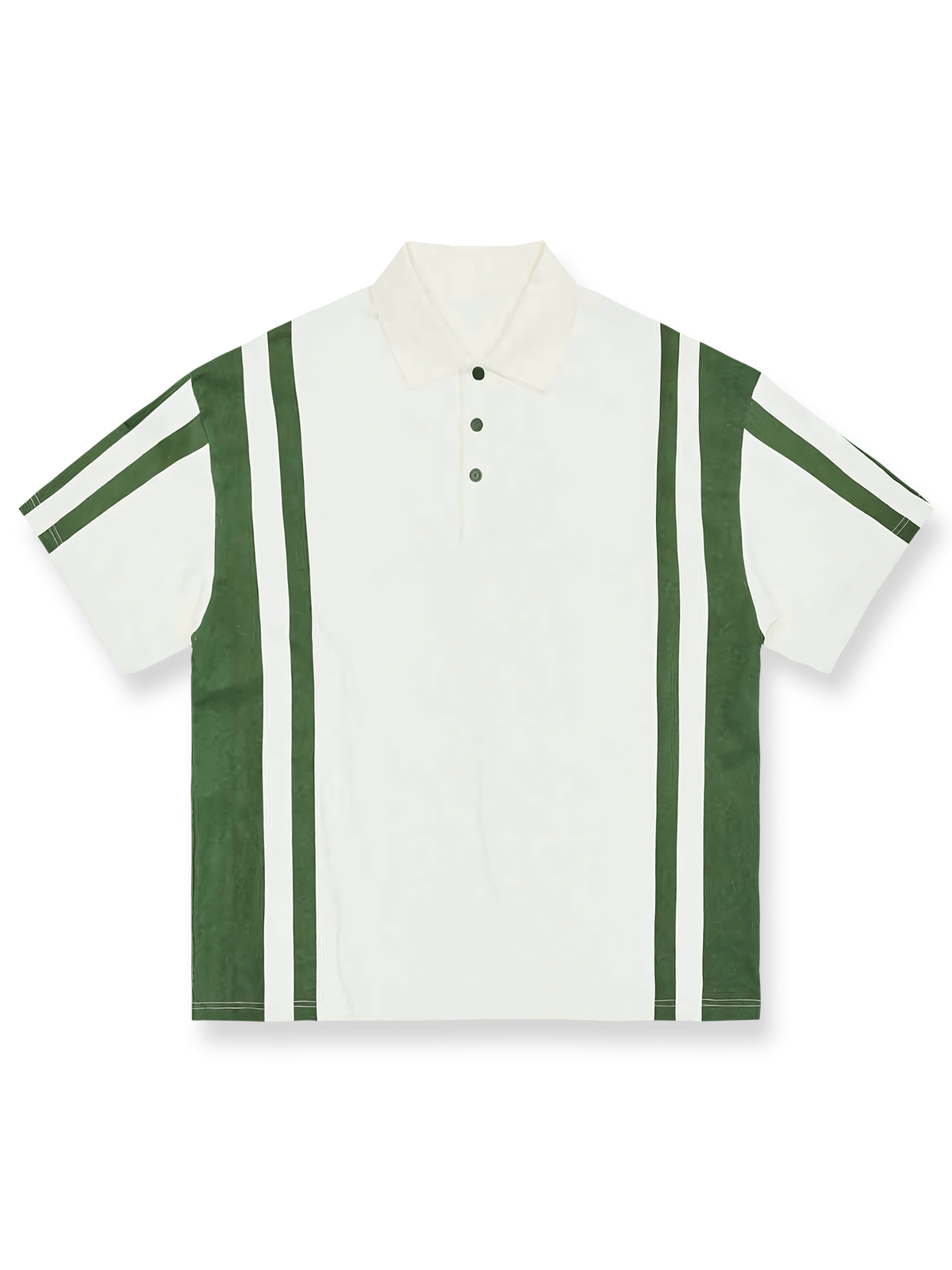 草緑色とオフホワイトのカラーブロックストライプが特徴のリラックスフィットポロシャツ