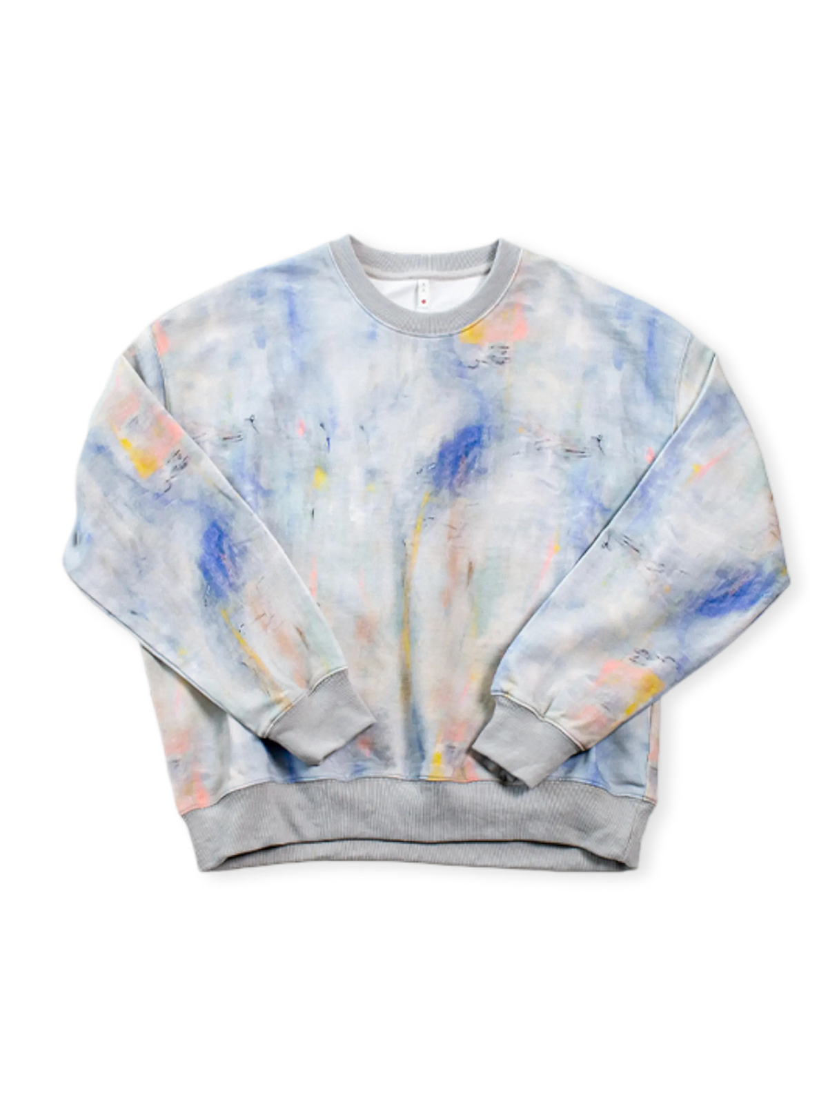 320g純綿毛輪布使用のカラフルグラフィティプリントスウェット。リブ襟口と裾付き。