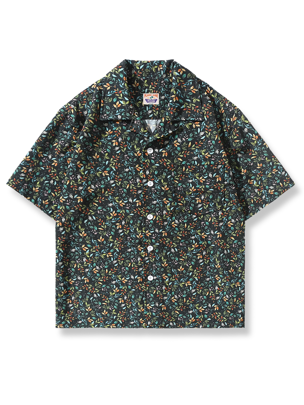 カラフルなリーフ柄とキューバ襟が特徴の軽量ポリエステル製ルーズフィットアロハシャツ