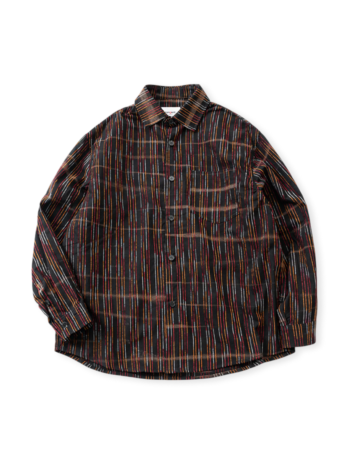 彩色ストライプデザインの近代アメリカンカジュアル風ロングスリーブシャツ。伝統と現代の融合が特徴。