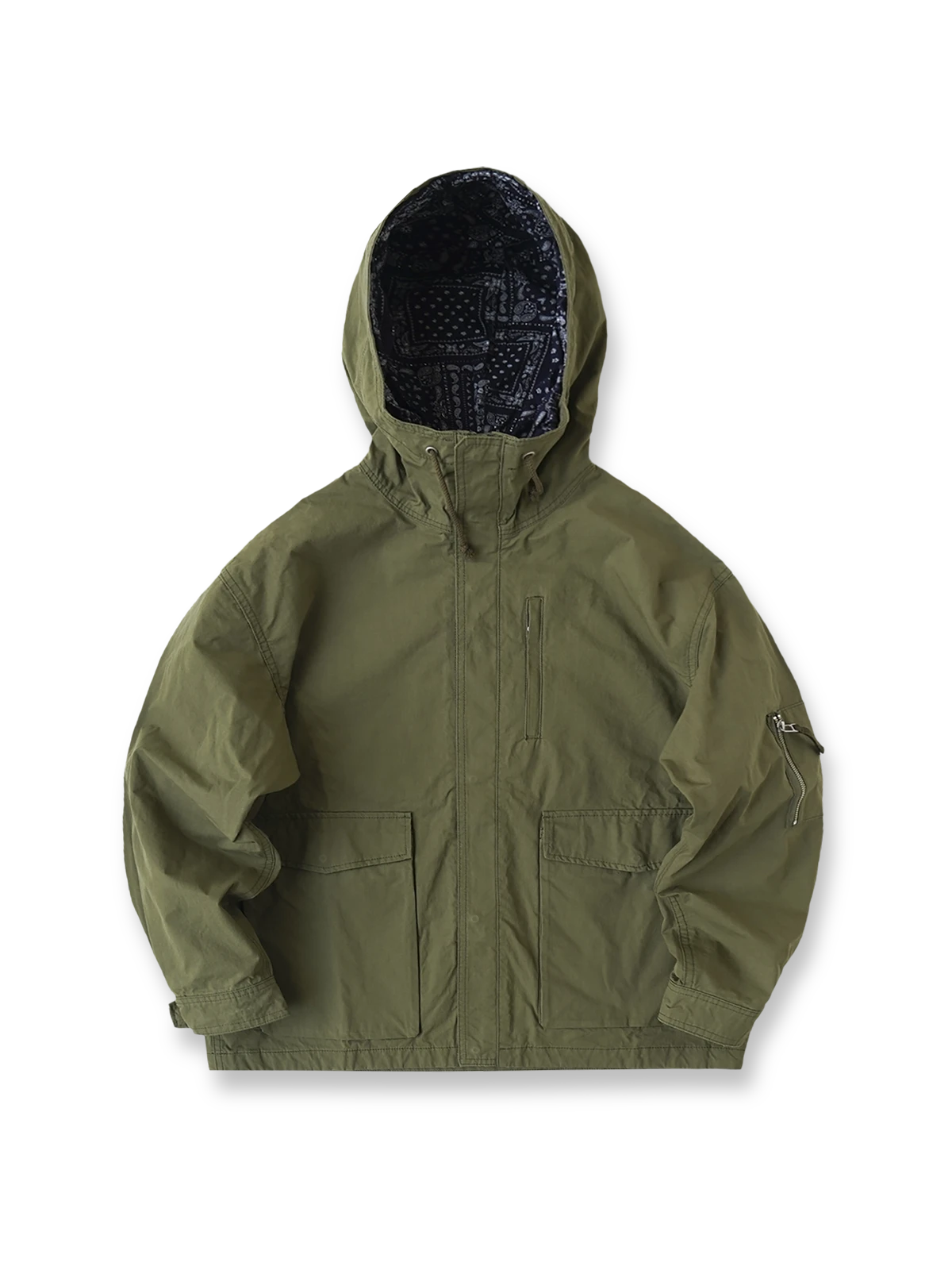 通勤用トレンチジャケットの全体正面画像、チェック柄生地と多機能ポケットのディテール。