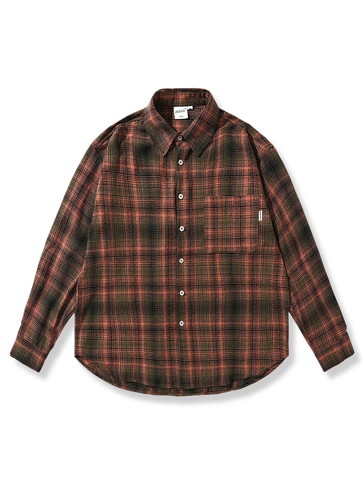 レッド・グレー・ブラックの配色が特徴のコントラストチェック長袖シャツ