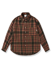 レッド・グレー・ブラックの配色が特徴のコントラストチェック長袖シャツ