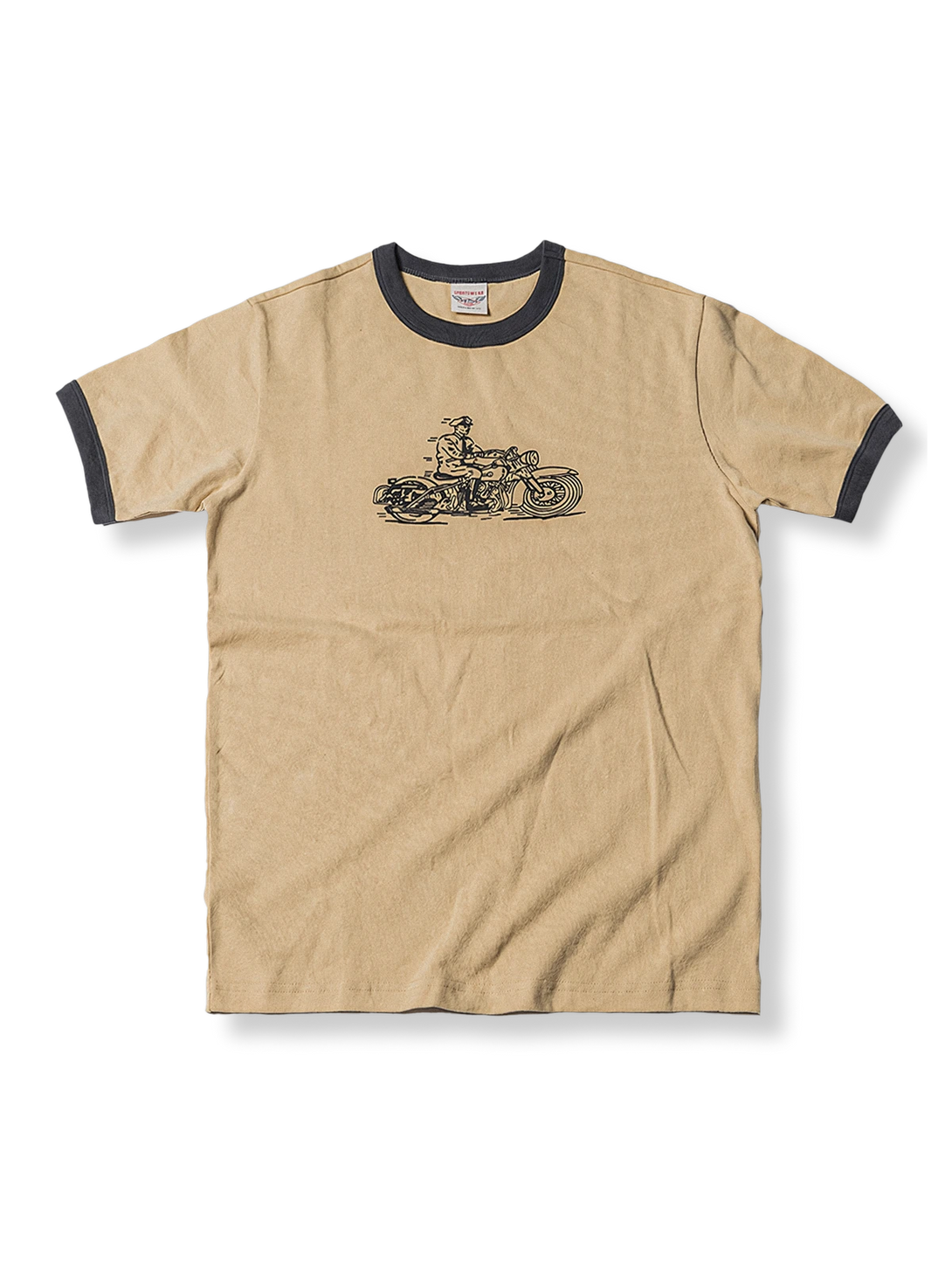 コントラストカラーの襟と袖リブにバイカープリントが施された半袖Tシャツ。
