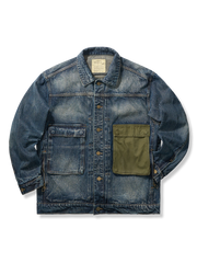 コントラストカラーのパッチワークポケット付き、純綿デニム素材の調整可能裾ジャケット