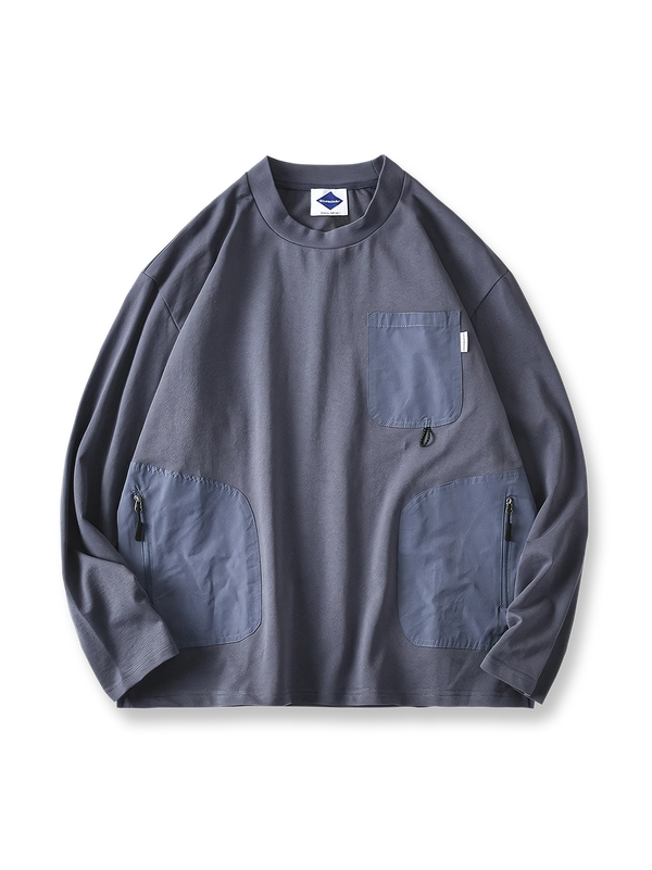 異素材 ポケット 丸襟 長袖Tシャツ