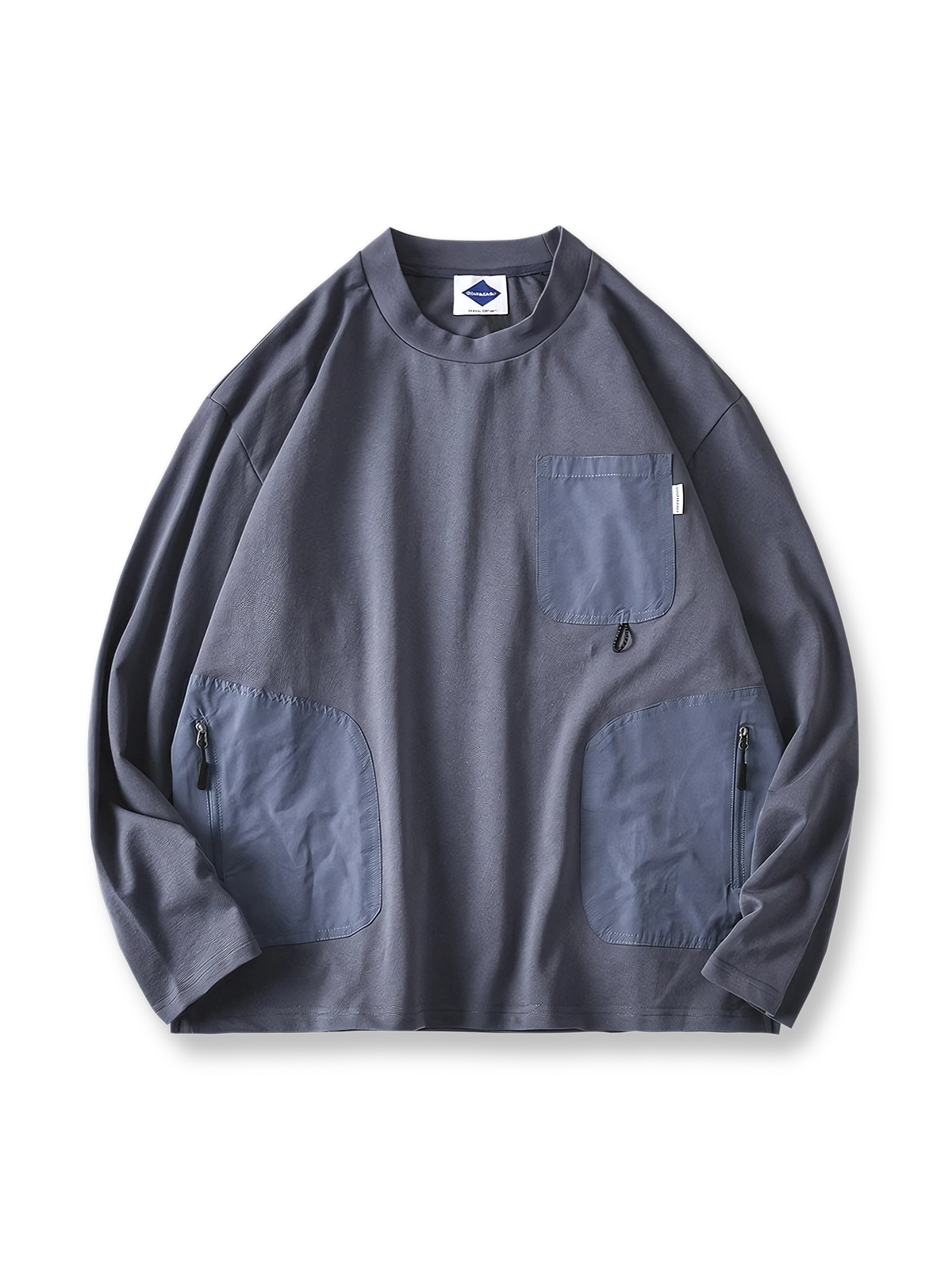 異素材 ポケット 丸襟 長袖Tシャツ