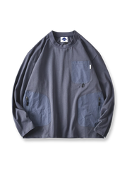 異素材 ポケット 丸襟 長袖Tシャツ