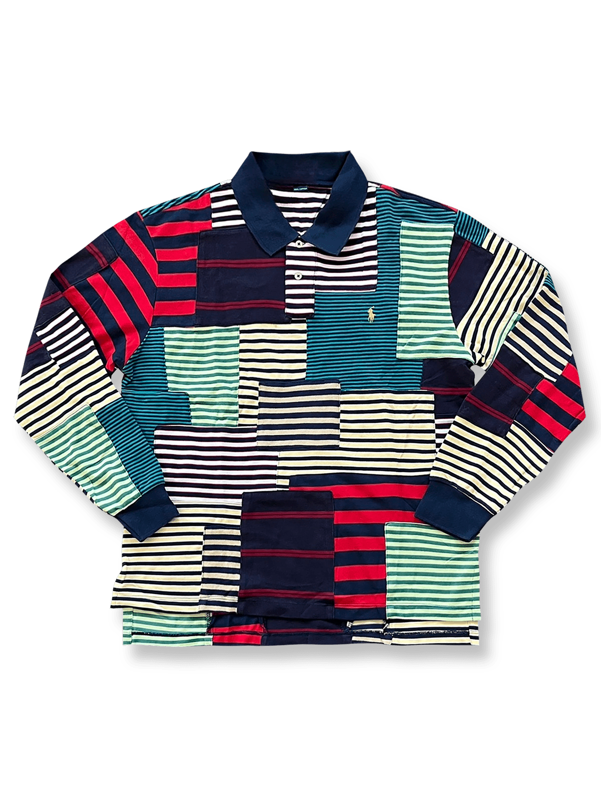 異素材パッチワークとコントラストカラーが映えるレトロ風長袖ポロシャツ