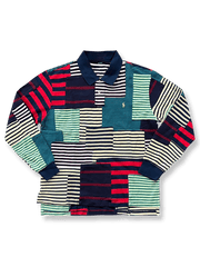 異素材パッチワークとコントラストカラーが映えるレトロ風長袖ポロシャツ