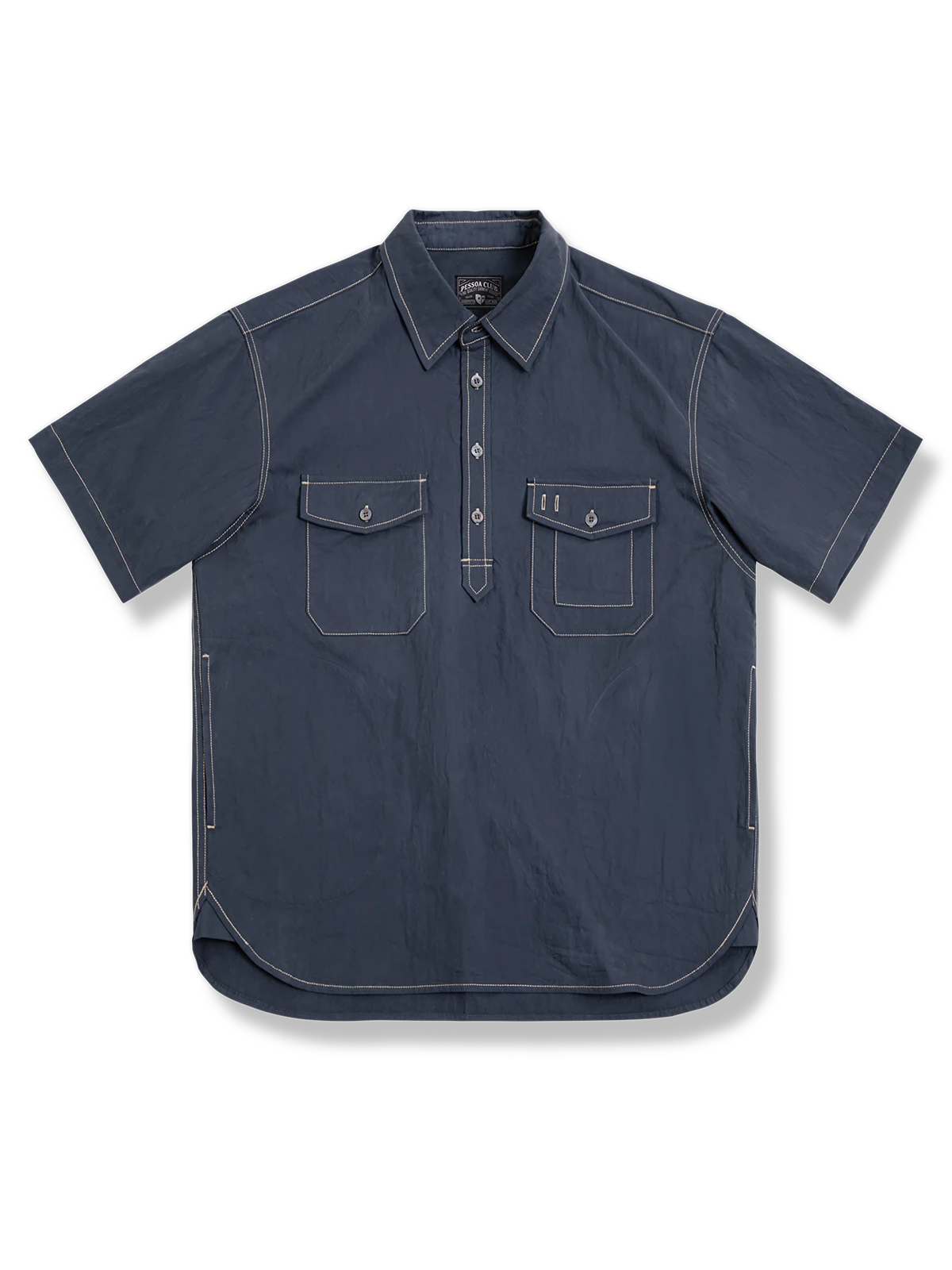 コントラストステッチワークシャツ、非対称ポケット、ルーズフィット、透湿性コットンナイロン素材