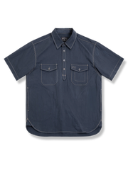 コントラストステッチワークシャツ、非対称ポケット、ルーズフィット、透湿性コットンナイロン素材