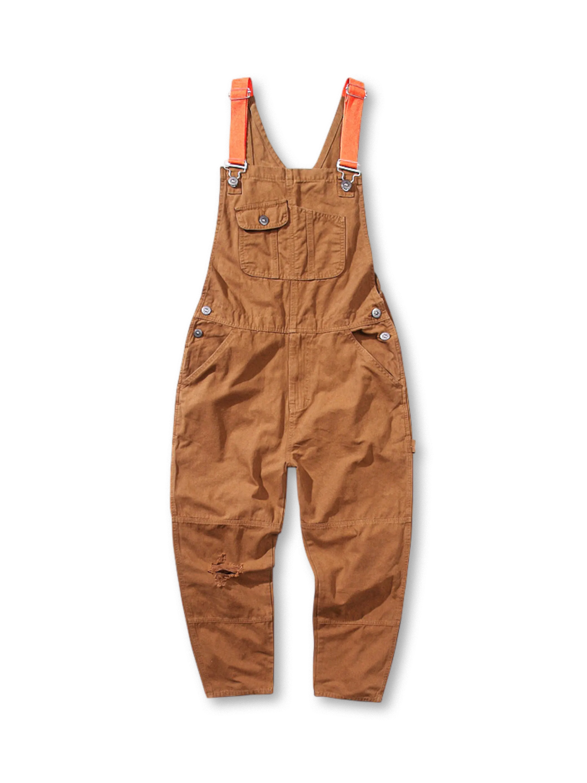 米軍作業服に着想を得たコットンツイル素材と金属バックルストラップを備えたダメージ加工が特徴のワークオーバーオール