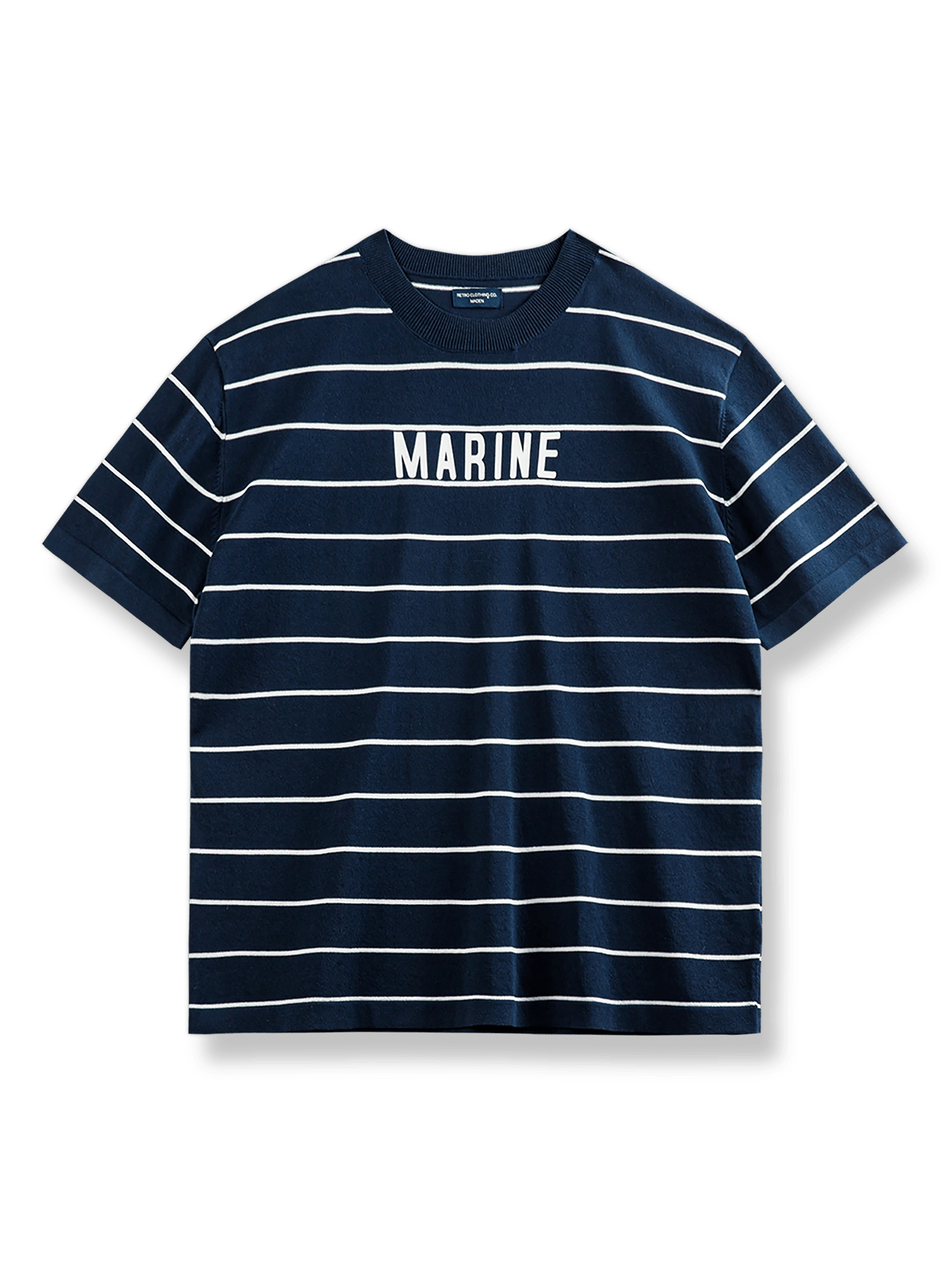 ディープシーブルー地にホワイトのコントラストストライプとセーラーカラーが特徴の混紡セーラーシャツ