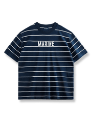 ディープシーブルー地にホワイトのコントラストストライプとセーラーカラーが特徴の混紡セーラーシャツ