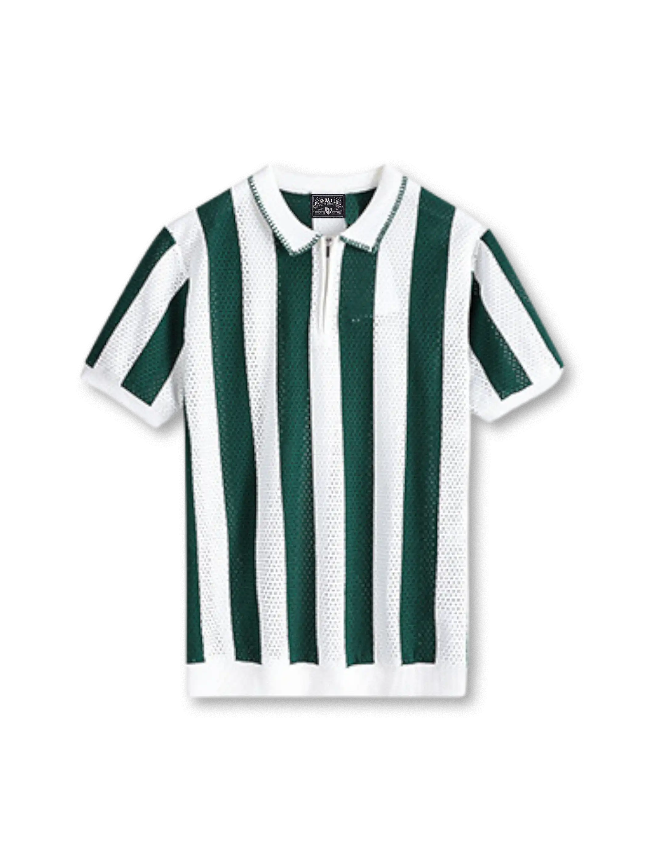 冷感レーヨンニットポロシャツの全身ビュー、アイレット編みとリブ衿ディテールを強調。