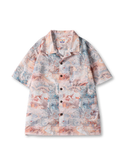 接触冷感シアサッカー生地に抽象柄をプリントしたキューバカラー半袖シャツ