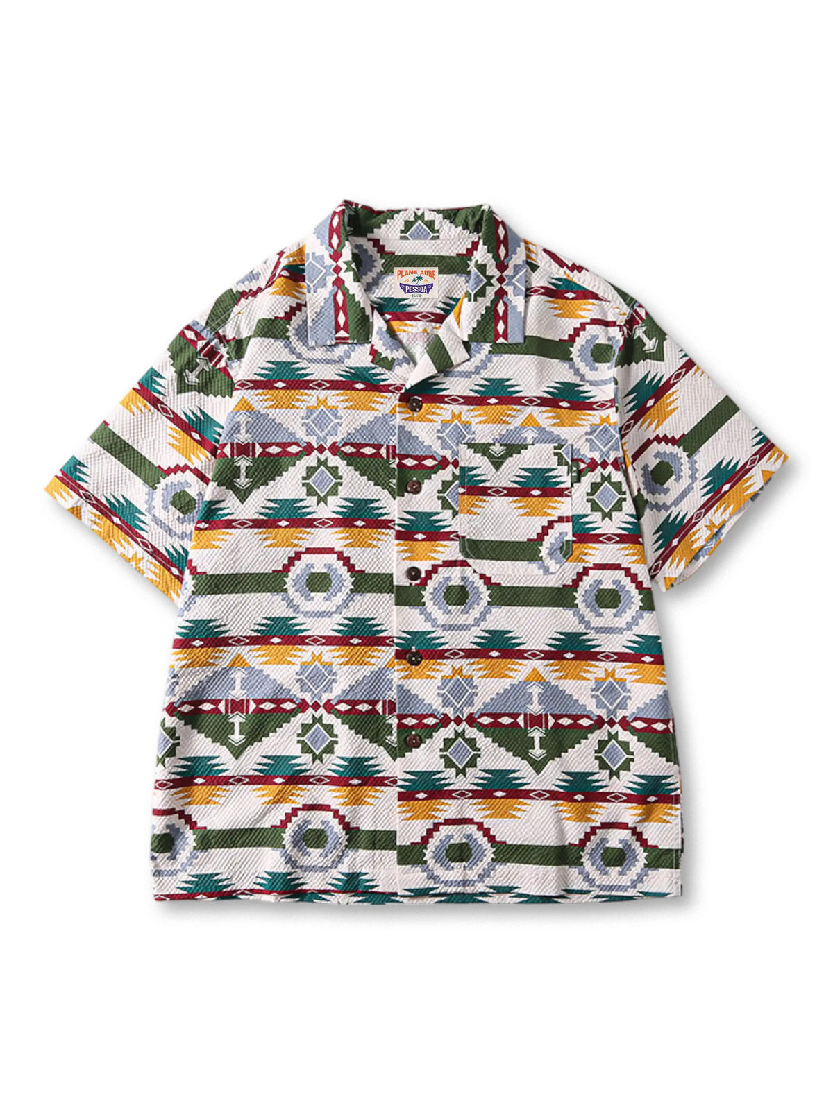 接触冷感シアサッカー生地の民族柄キューバカラー半袖シャツ