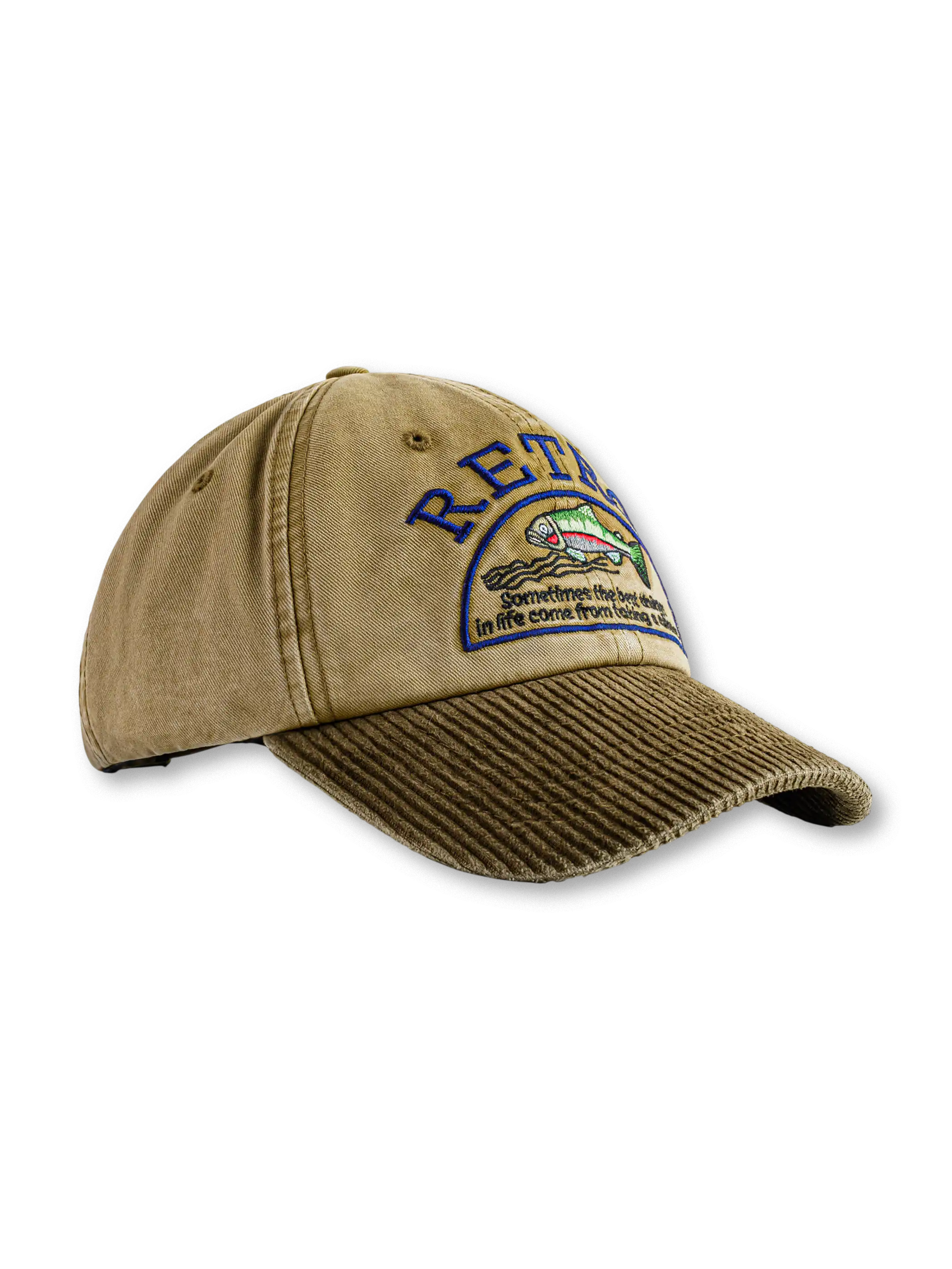 カーキ系のトラッカーキャップ、コーデュロイのつばと刺繍ワッペン付き、6パネル仕様