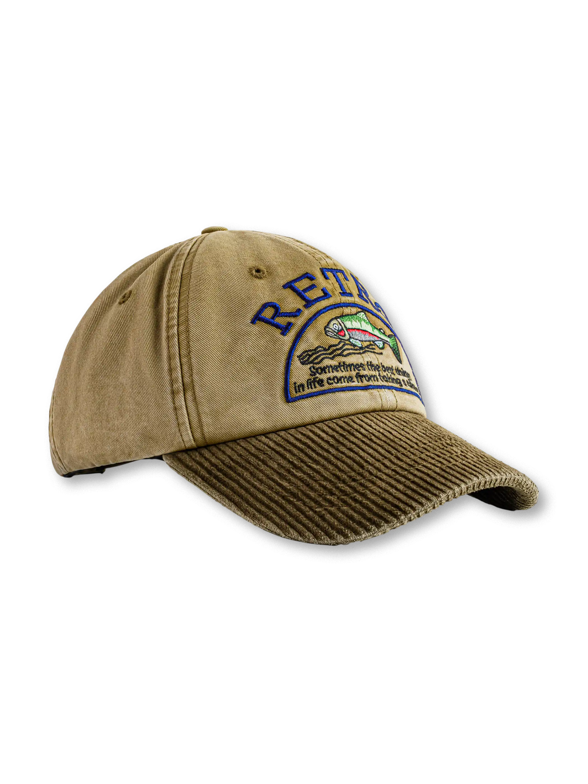 カーキ系のトラッカーキャップ、コーデュロイのつばと刺繍ワッペン付き、6パネル仕様