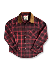 コーデュロイ襟と起毛チェック柄の長袖シャツ