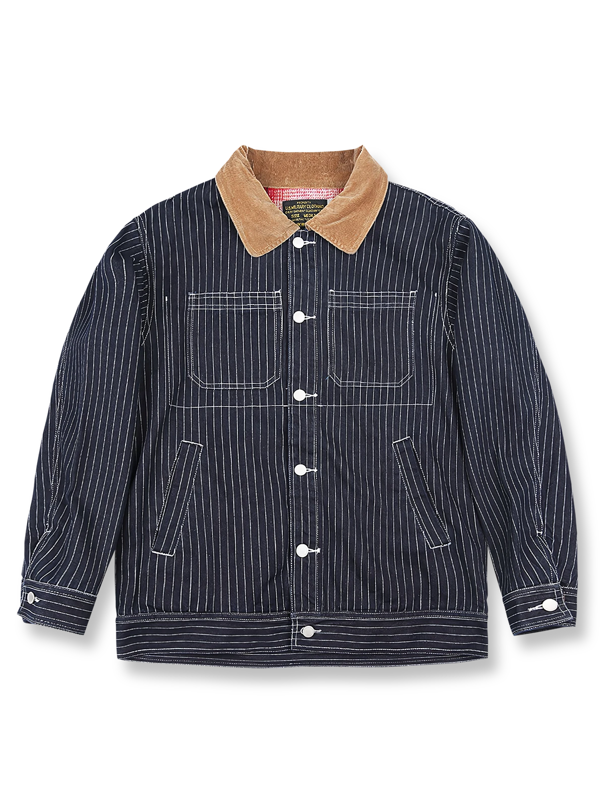 コーデュロイ襟とウール混紡チェック裏地を備えた多ポケットデニムジャケット。ブラス製パーツとブランドロゴ入り。