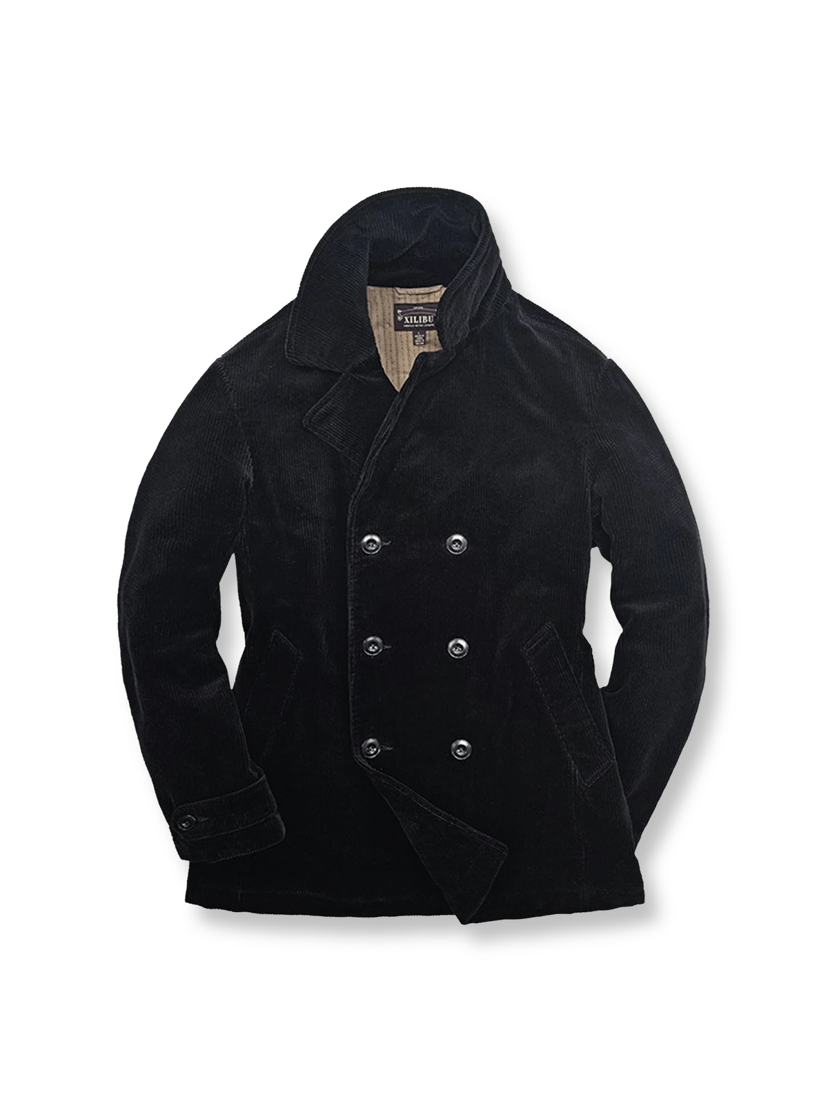 コーデュロイ素材のダブルブレスト中綿コート。